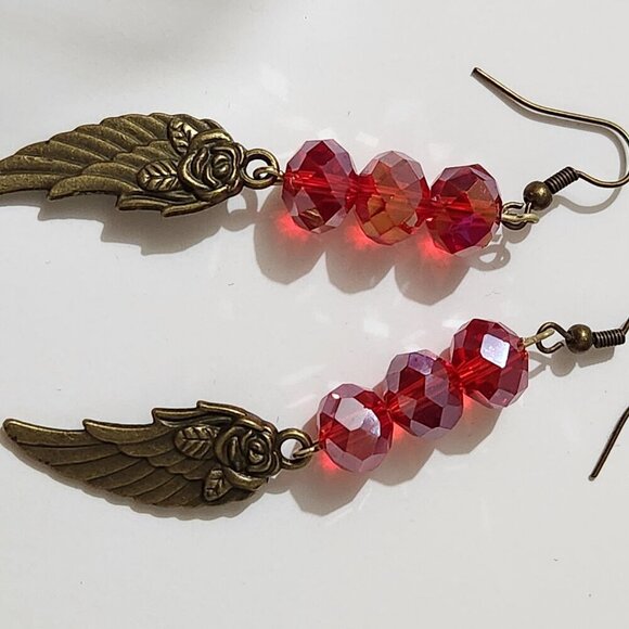 Hand Crafted Earrings Angel Wings Red Crystal Beads Bronze Wings Dangle - Picture 5 of 6